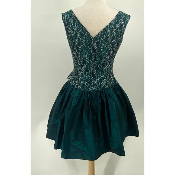 Vintage 80s Fit & Flare Cocktail Dress Lace Bodice Taffeta Mini Teal Womens 8 - Picture 6 of 12
